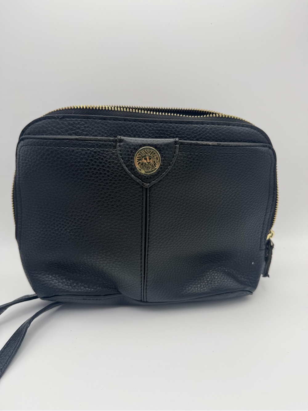 Anne Klein Black Pebbled Leather Crossbody with Gold Medallion